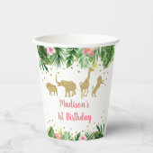 ピンク金ゴールドガールサファリアニマル誕生日 紙コップ (正面)