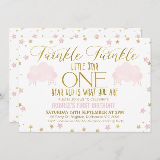 ピンク金ゴールドガールズトゥインクルリトルスター1s誕生日 招待状 (正面/裏面)