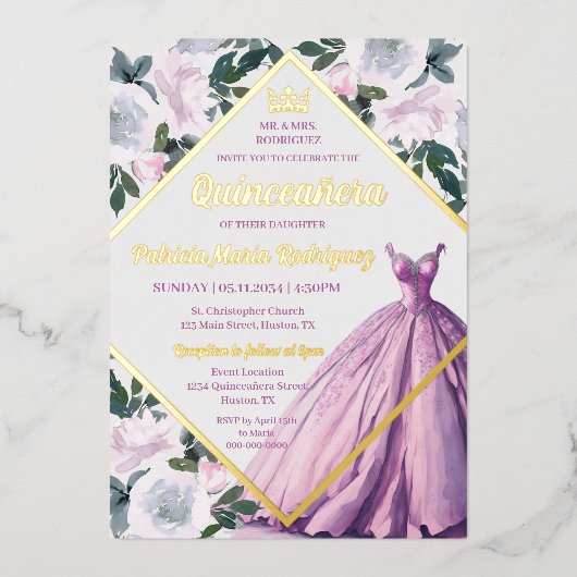 ピンク金ゴールドクラウンガウンモダンフローラキンセアニェラ 箔招待状 (正面)