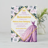 ピンク金ゴールドクラウンガウンモダンフローラキンセアニェラ 箔招待状 (立ち正面)