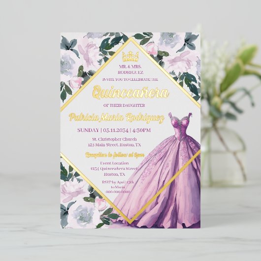 ピンク金ゴールドクラウンガウンモダンフローラキンセアニェラ 箔招待状 (立ち正面)