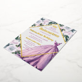 ピンク金ゴールドクラウンガウンモダンフローラキンセアニェラ 箔招待状 (回転した状態)