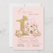 ピンク金ゴールドクラウンキャッスルプリンセス1st誕生日 招待状 (正面)