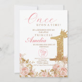 ピンク金ゴールドクラウンフラワープリンセスファースト誕生日 招待状 (正面)