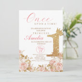 ピンク金ゴールドクラウンフラワープリンセスファースト誕生日 招待状 (スタンド正面)