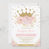 ピンク金ゴールドクラウンプリンセスガーリーフローラ誕生日 招待状 (正面)