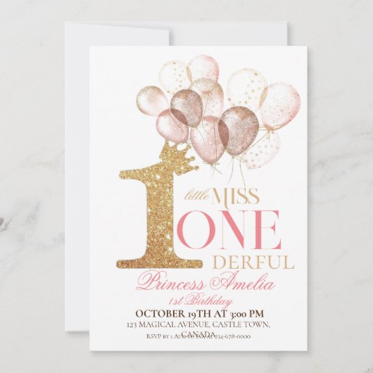 ピンク金ゴールドクラウンプリンセスバルーン1st誕生日 招待状 (正面)