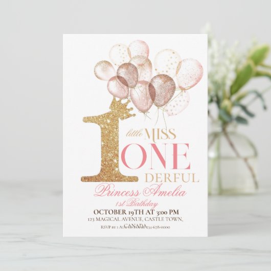 ピンク金ゴールドクラウンプリンセスバルーン1st誕生日 招待状 (スタンド正面)