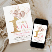 ピンク金ゴールドクラウンプリンセスバルーン1st誕生日 招待状