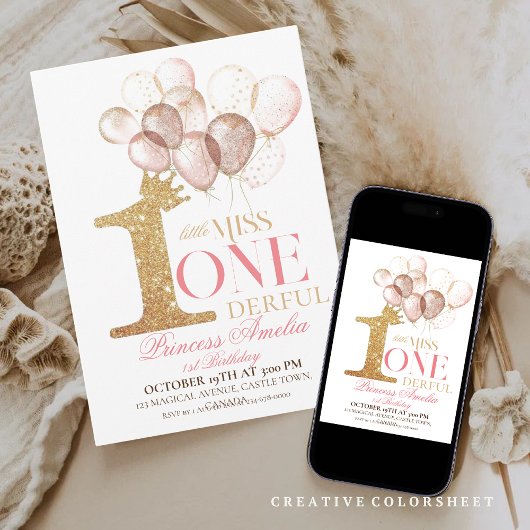 ピンク金ゴールドクラウンプリンセスバルーン1st誕生日 招待状