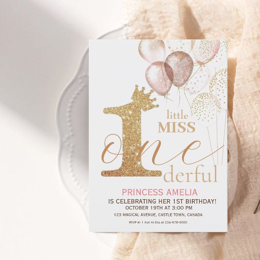 ピンク金ゴールドクラウンプリンセスファーストバースデーパーティー 招待状