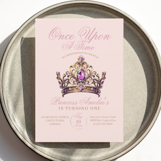 ピンク金ゴールドクラウンプリンセスファースト誕生日 招待状