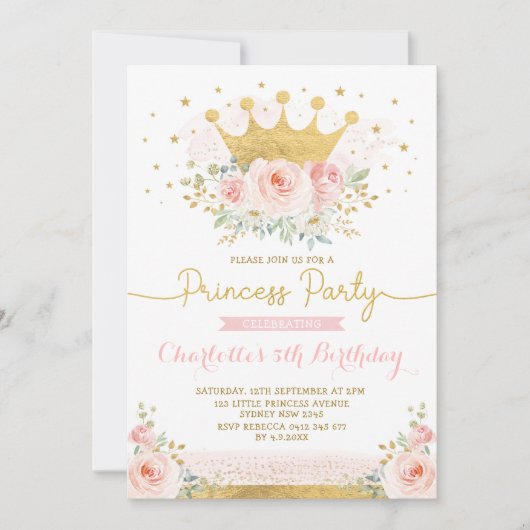 ピンク金ゴールドクラウンプリンセス誕生日赤面フローラ 招待状 (正面)