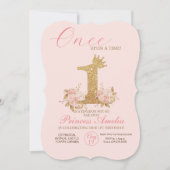 ピンク金ゴールドクラウンプリンセス1st誕生日パーティー 招待状 (正面)