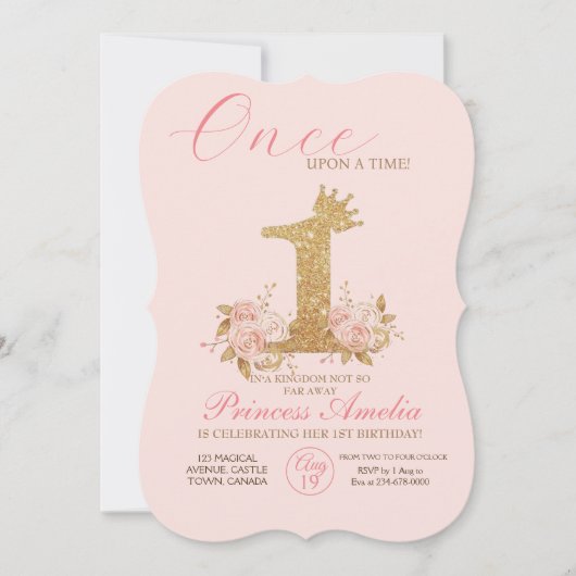 ピンク金ゴールドクラウンプリンセス1st誕生日パーティー 招待状 (正面)