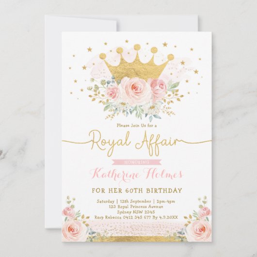 ピンク金ゴールドクラウンプリンセス60th誕生日パーティー 招待状 (正面)