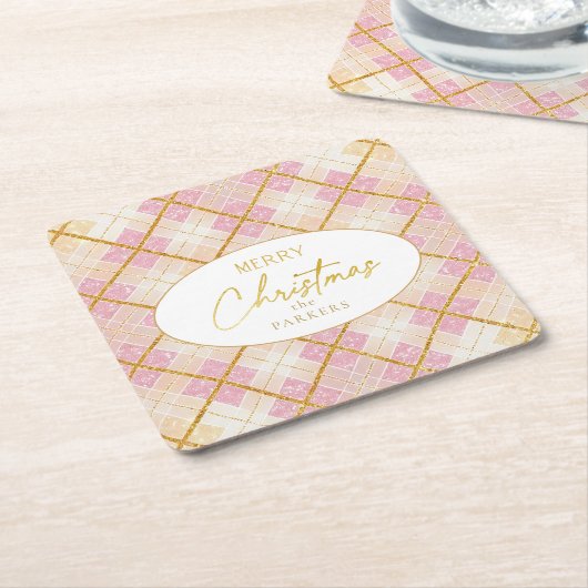 ピンク金ゴールドクリスマスパターン#28 ID1009 スクエアペーパーコースター (アングル)