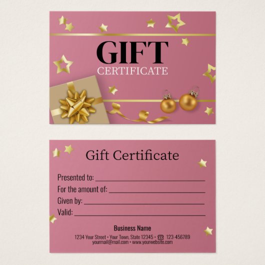ピンク金ゴールドクリスマスボールスターリボンギフトカード (正面&裏面)