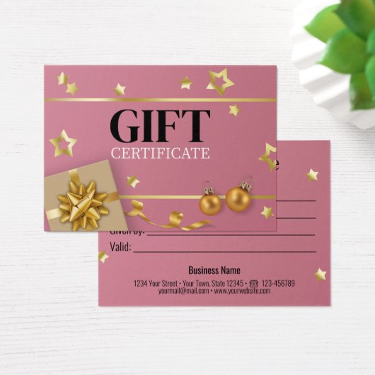ピンク金ゴールドクリスマスボールスターリボンギフトカード (デスク)