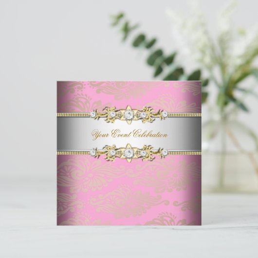 ピンク金ゴールドクリームエンボスルックエレガントパーティー 招待状 (スタンド正面)