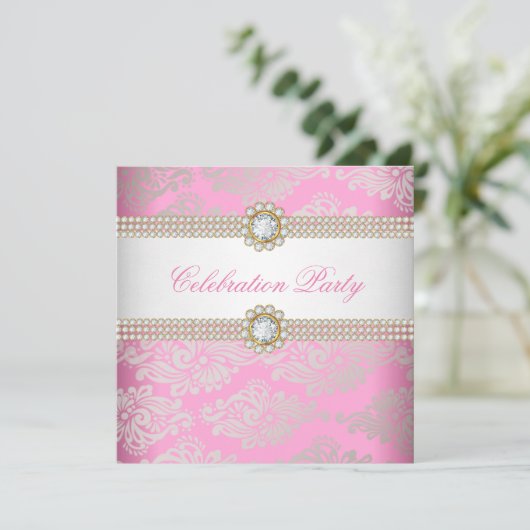 ピンク金ゴールドクリームダイヤモンドジェムエレガントパーティー2 招待状 (スタンド正面)