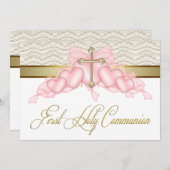 ピンク金ゴールドクロスガールズピンク第1聖餐式 招待状 (正面/裏面)