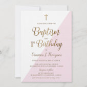 ピンク金ゴールドクロスバプテスマ1歳 招待状 (正面)