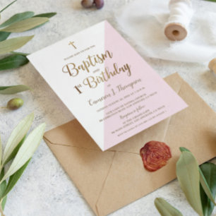 ピンク金ゴールドクロスバプテスマ1歳 招待状