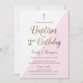 ピンク金ゴールドクロスバプテスマ2nd誕生日招待状 招待状 (正面)