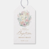 ピンク金ゴールドクロスフローラエレガント水彩洗礼 ギフトタグ (正面)