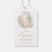 ピンク金ゴールドクロスフローラエレガント水彩洗礼 ギフトタグ (正面)