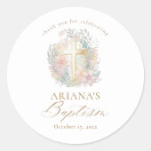 ピンク金ゴールドクロスフローラエレガント水彩洗礼 ラウンドシール (正面)