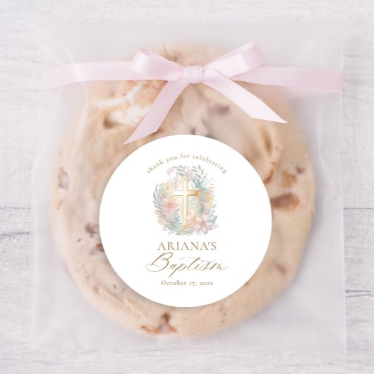 ピンク金ゴールドクロスフローラエレガント水彩洗礼 ラウンドシール