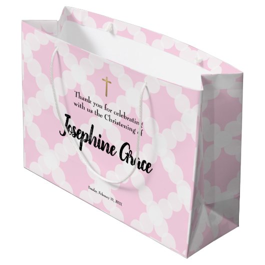 ピンク金ゴールドクロスベパーソナライズされたビーガール《キリスト教》洗礼式や命名式 ラージペーパーバッグ (裏面アングル)