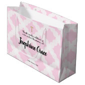 ピンク金ゴールドクロスベパーソナライズされたビーガール《キリスト教》洗礼式や命名式 ラージペーパーバッグ (正面アングル)