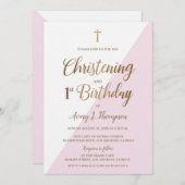 ピンク金ゴールドクロス《キリスト教》洗礼式や命名式1st誕生日 招待状 (正面/裏面)