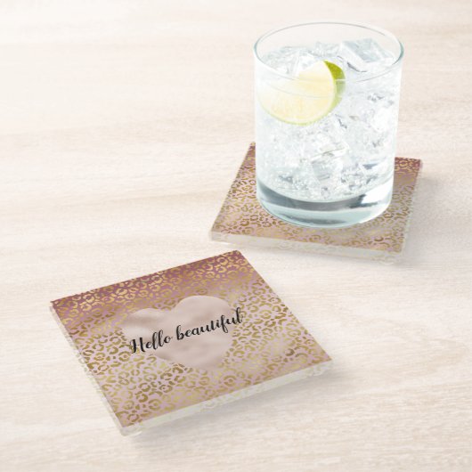 ピンク金ゴールドグラデーションヒョウ印刷コースター ガラスコースター (アングル)