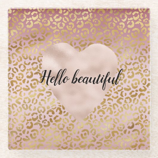ピンク金ゴールドグラデーションヒョウ印刷コースター ガラスコースター (正面)
