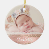ピンク金ゴールドグラムカスタムベビー写真パーソナライズされた セラミックオーナメント (正面)