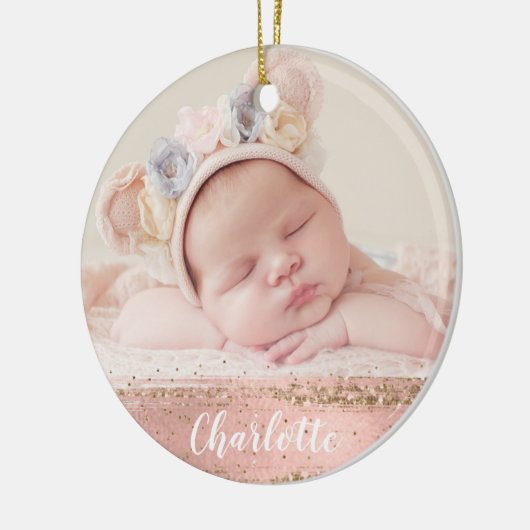 ピンク金ゴールドグラムカスタムベビー写真パーソナライズされた セラミックオーナメント (左)