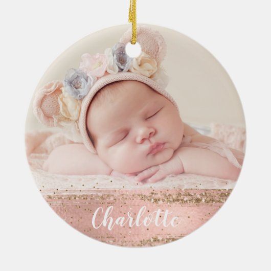 ピンク金ゴールドグラムカスタムベビー写真パーソナライズされた セラミックオーナメント (裏面)