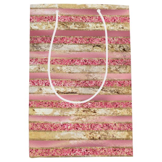 ピンク金ゴールドグラムグリッターストライプズ ミディアムペーパーバッグ (正面)