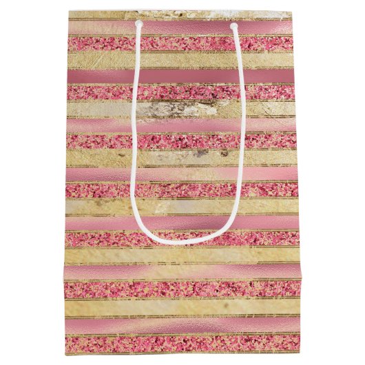 ピンク金ゴールドグラムグリッターストライプズ ミディアムペーパーバッグ (裏面)