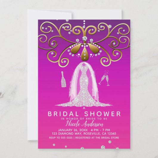 ピンク金ゴールドグラムダイヤ結婚モンドのドレスブライダルシャワー 招待状 (正面)