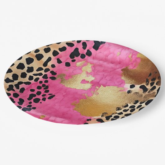 ピンク金ゴールドグラムヒョウ印刷抽象芸術 ペーパープレート (アングル)