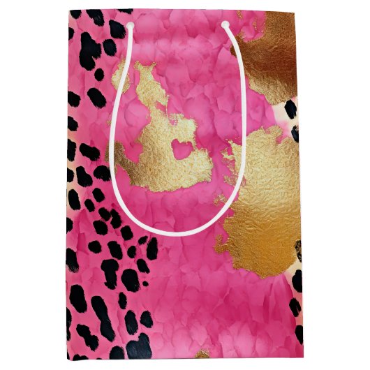 ピンク金ゴールドグラムヒョウ印刷抽象芸術 ミディアムペーパーバッグ (正面)