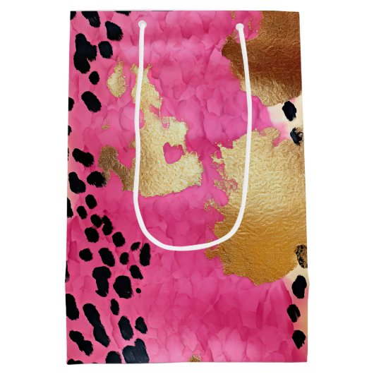 ピンク金ゴールドグラムヒョウ印刷抽象芸術 ミディアムペーパーバッグ (裏面)