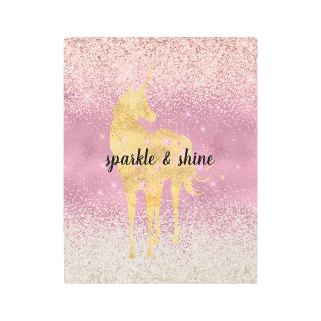 ピンク金ゴールドグリジーグリッターユニコーン メタルプリント (正面)
