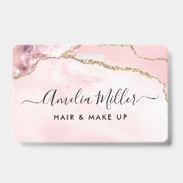 ピンク金ゴールドグリッターアゲートヘアメイクアップビジネスID バッジ