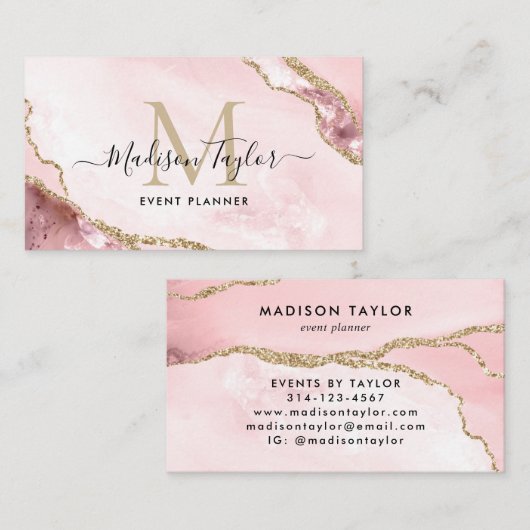 ピンク金ゴールドグリッターアゲートモノグラムイベントプランナー 名刺 (正面/裏面)